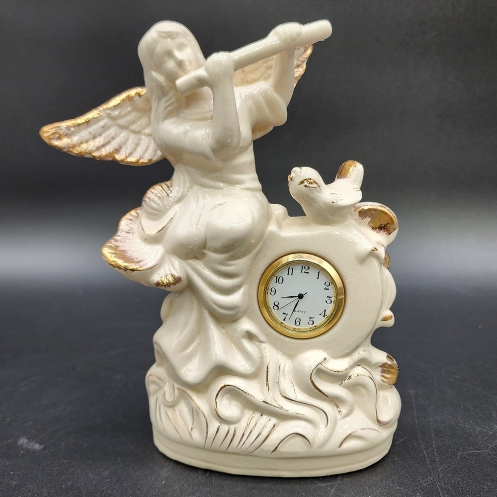 Unbranded Cream Porcelain Gold Angel Playing Flute Quartz Clock WORKS‎